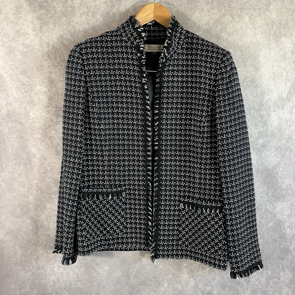 Tahari Arthur S Levine Blazer Women 8 Black White Tweed Fringe Open Front Jacket